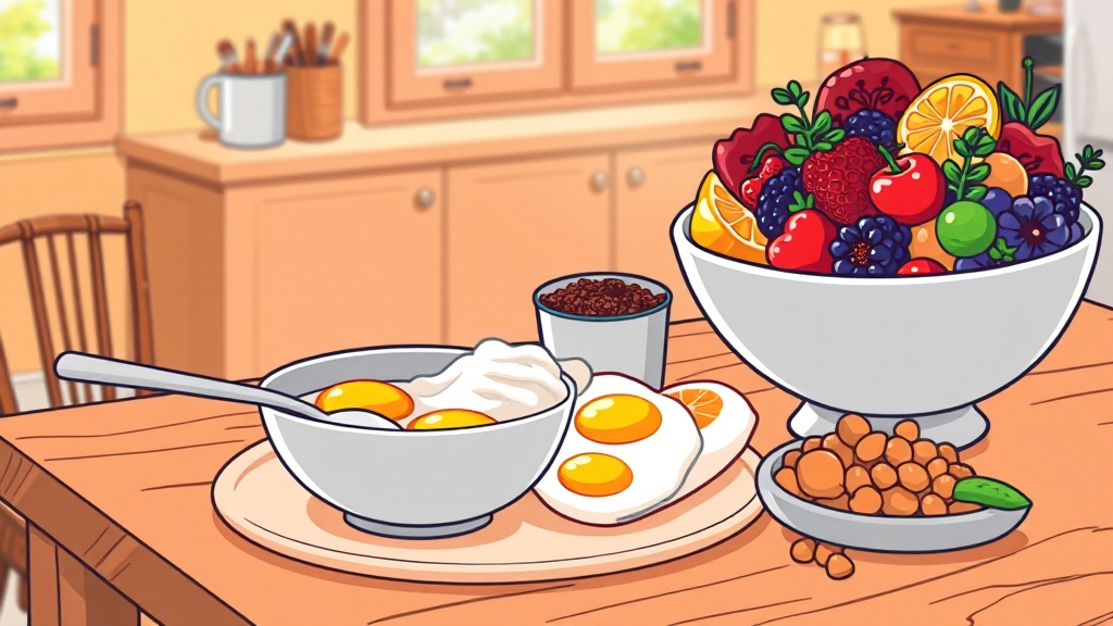 건강한 아침 식단: 혈당 조절부터 내장지방 감소까지 3 아침 식사, 무엇을 먹어야 좋을까요? (cartoon 스타일)